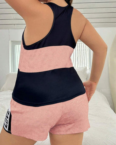 Plus Size Letter Print Colorblock Camisole & Shorts Pajama Set