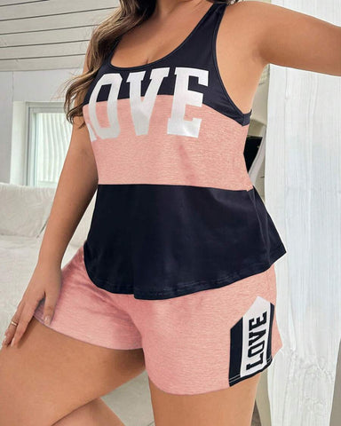 Plus Size Letter Print Colorblock Camisole & Shorts Pajama Set