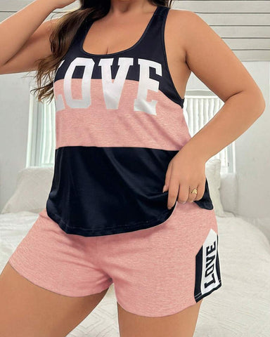 Plus Size Letter Print Colorblock Camisole & Shorts Pajama Set