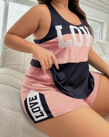 Plus Size Letter Print Colorblock Camisole & Shorts Pajama Set