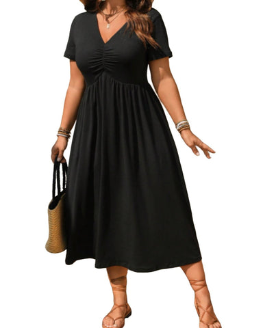 Plus Size V-Neck Ruched Midi Dress Short Sleeve Flowy A-Line Summer Dress