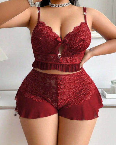 Women’s Lace Patchwork Deep V Criss-Cross Pajama Set with Crystal Buckle