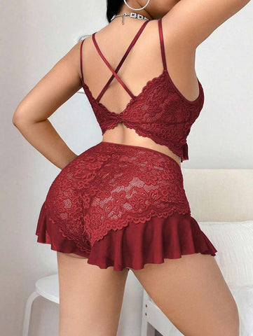 Women’s Lace Patchwork Deep V Criss-Cross Pajama Set with Crystal Buckle