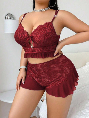 Women’s Lace Patchwork Deep V Criss-Cross Pajama Set with Crystal Buckle