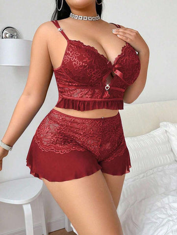 Women’s Lace Patchwork Deep V Criss-Cross Pajama Set with Crystal Buckle