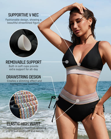 Two-Piece Color Block Tummy-Smoothing Swimsuit