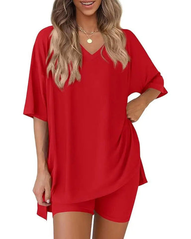 Casual 2-Piece Loungewear Set Oversized Split Hem Top & Fitted Shorts