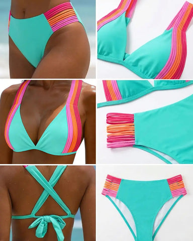 Popvil Neon Strappy High-Waist Bikini, Colorful Cross-Back Two-Piece