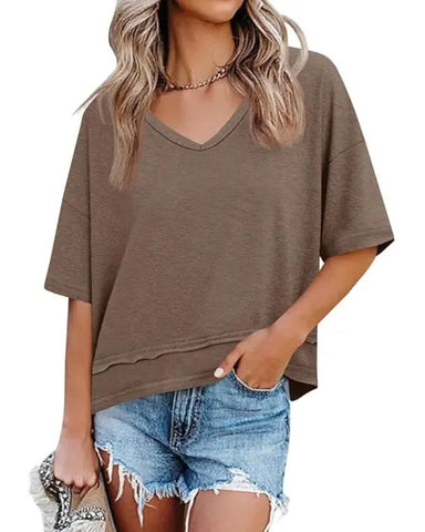 Women's V-Neck Summer Tee, Short Sleeve Loose Fit Casual Top