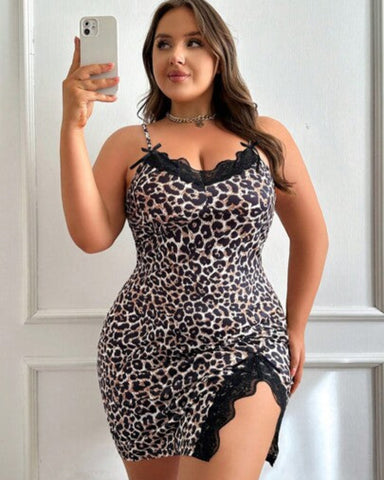 Plus Size Leopard Lace Sleep Dress, Slit Bowknot Nightgown