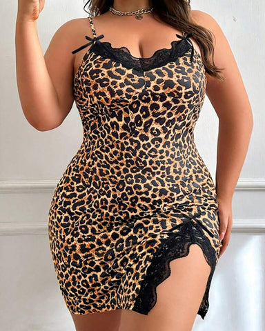 Plus Size Leopard Lace Sleep Dress, Slit Bowknot Nightgown