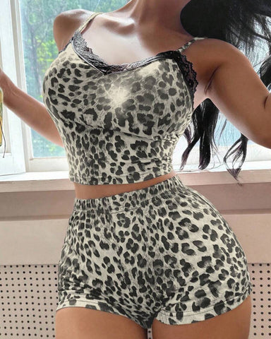 Lace Leopard 2-Piece Pajama Set for Women