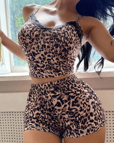 Lace Leopard 2-Piece Pajama Set for Women