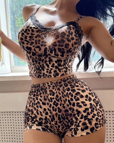 Lace Leopard 2-Piece Pajama Set for Women