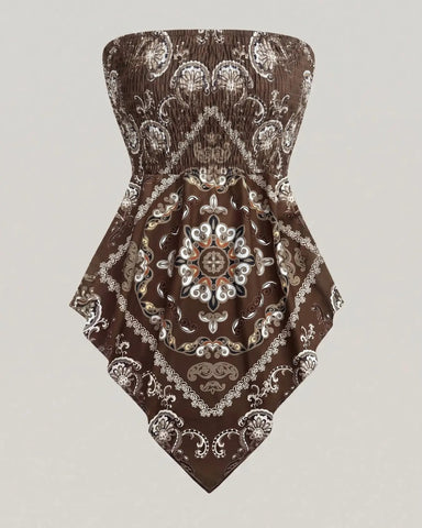 Boho Plus Size Ethnic Print Tube Top Asym Hem