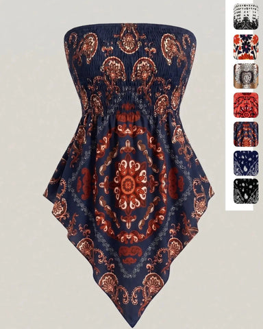 Boho Plus Size Ethnic Print Tube Top Asym Hem