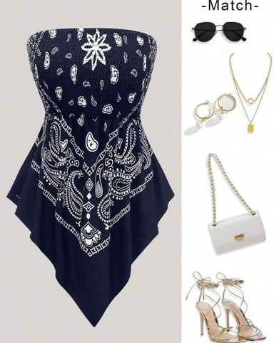 Boho Plus Size Ethnic Print Tube Top Asym Hem