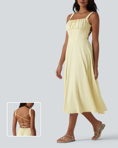 Backless Ruched Built-In Bra Midi Dress