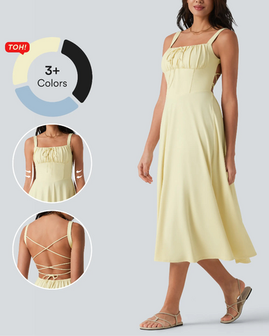 Backless Ruched Built-In Bra Midi Dress