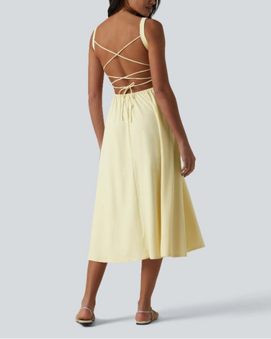Backless Ruched Built-In Bra Midi Dress