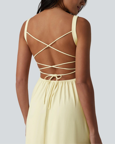 Backless Ruched Built-In Bra Midi Dress
