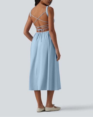 Backless Ruched Built-In Bra Midi Dress