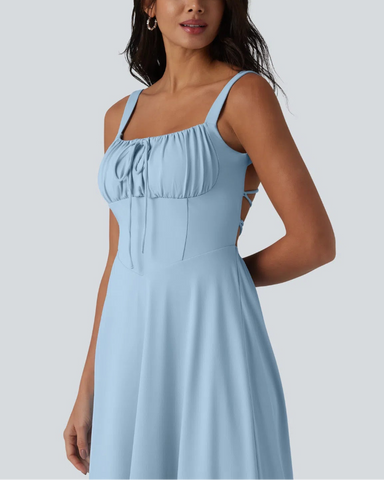 Backless Ruched Built-In Bra Midi Dress