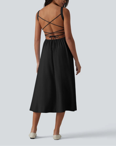 Backless Ruched Built-In Bra Midi Dress