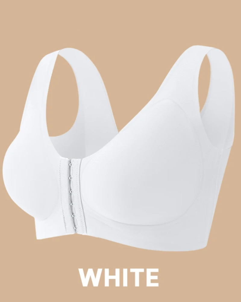 Seamless front-closure cross-back shaping bra.