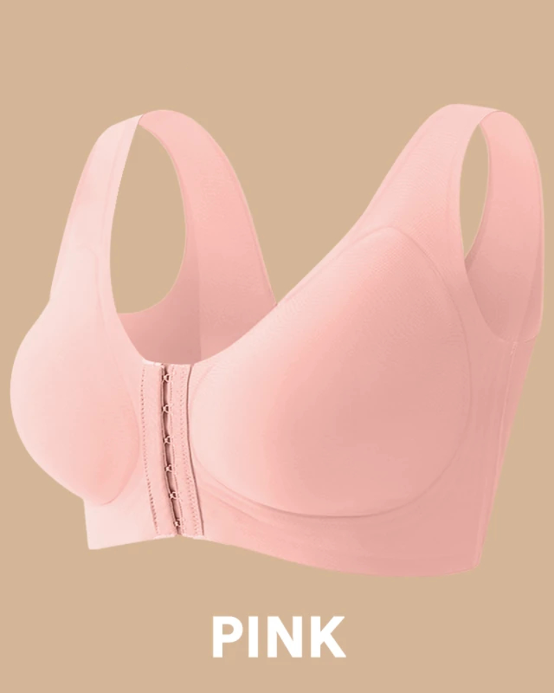 Seamless front-closure cross-back shaping bra.