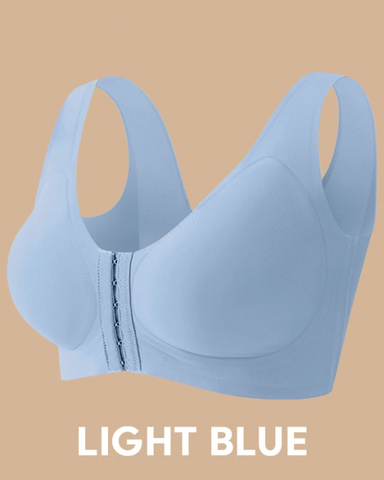 Seamless front-closure cross-back shaping bra.