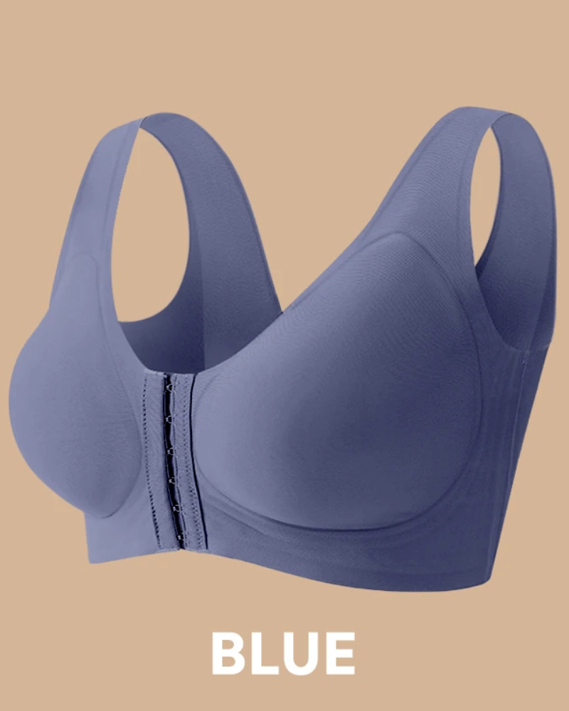 Seamless front-closure cross-back shaping bra.
