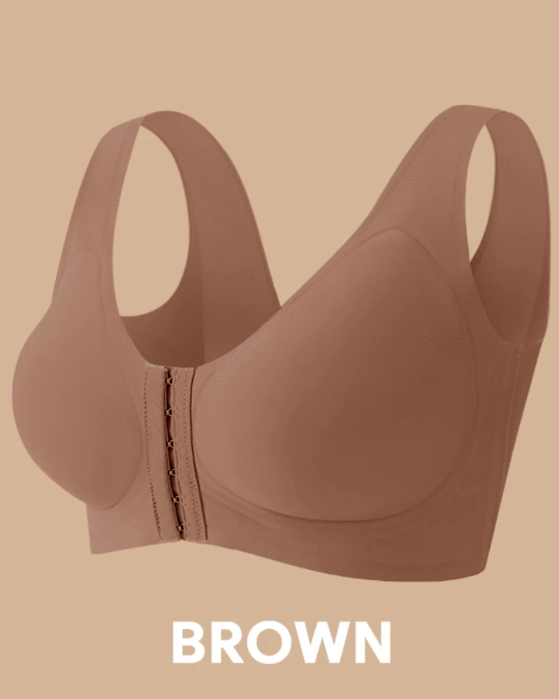 Seamless front-closure cross-back shaping bra.