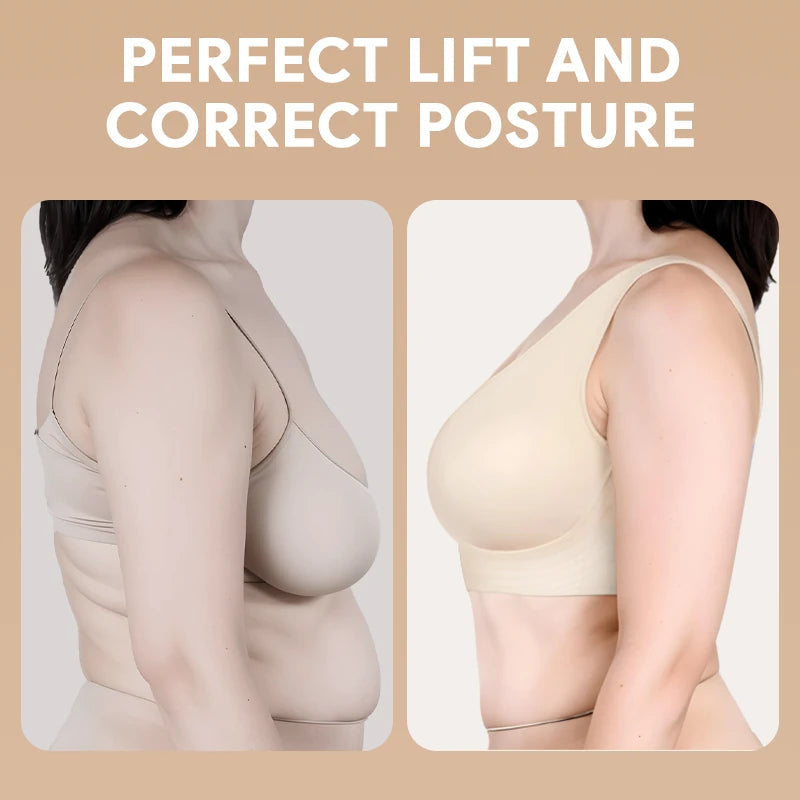 Seamless front-closure cross-back shaping bra.