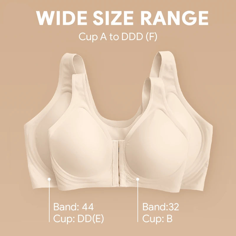 Seamless front-closure cross-back shaping bra.