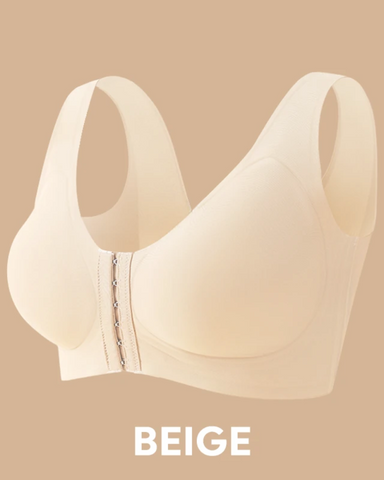 Seamless front-closure cross-back shaping bra.