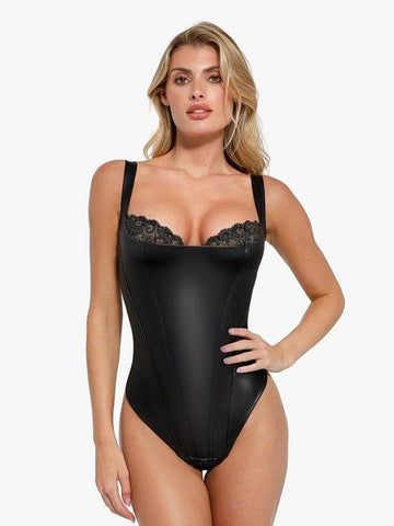 Faux Leather Lace Trim Corset Bodysuit