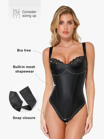 Faux Leather Lace Trim Corset Bodysuit