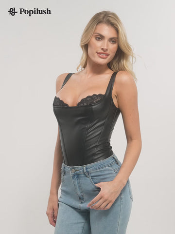 Faux Leather Lace Trim Corset Bodysuit