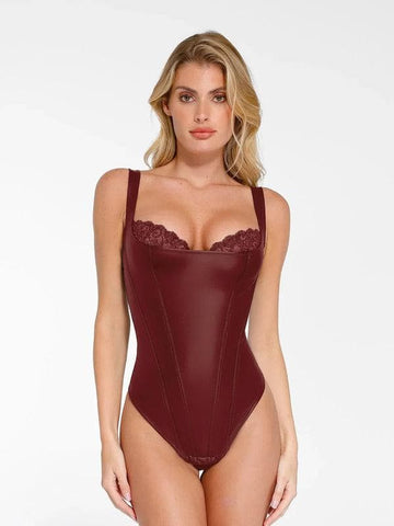 Faux Leather Lace Trim Corset Bodysuit