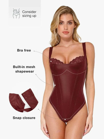 Faux Leather Lace Trim Corset Bodysuit