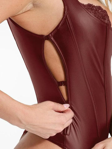 Faux Leather Lace Trim Corset Bodysuit