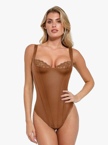 Faux Leather Lace Trim Corset Bodysuit
