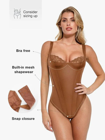 Faux Leather Lace Trim Corset Bodysuit