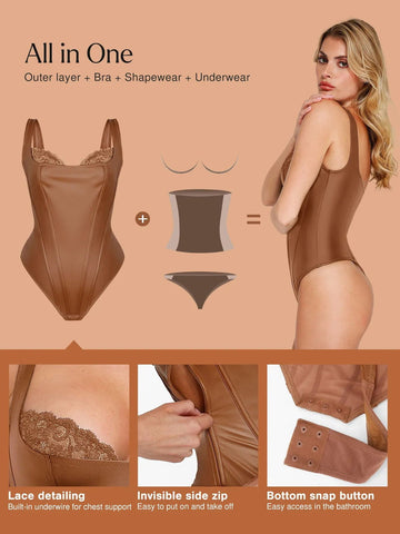 Faux Leather Lace Trim Corset Bodysuit