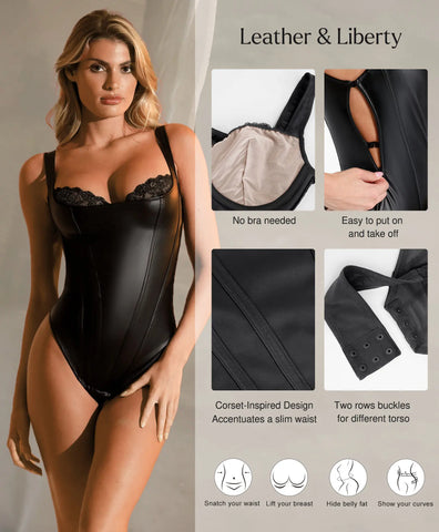 Faux Leather Lace Trim Corset Bodysuit
