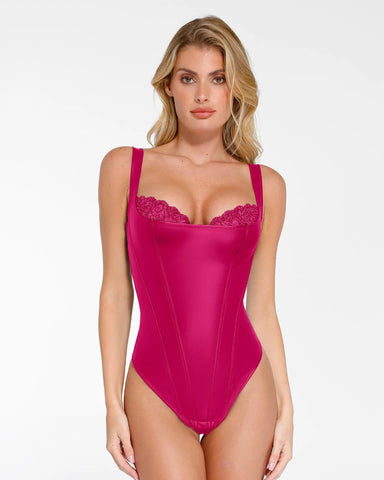 Faux Leather Lace Trim Corset Bodysuit