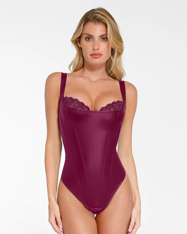 Faux Leather Lace Trim Corset Bodysuit