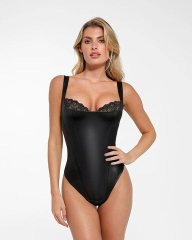 Faux Leather Lace Trim Corset Bodysuit