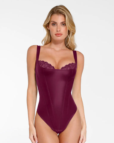 Faux Leather Lace Trim Corset Bodysuit